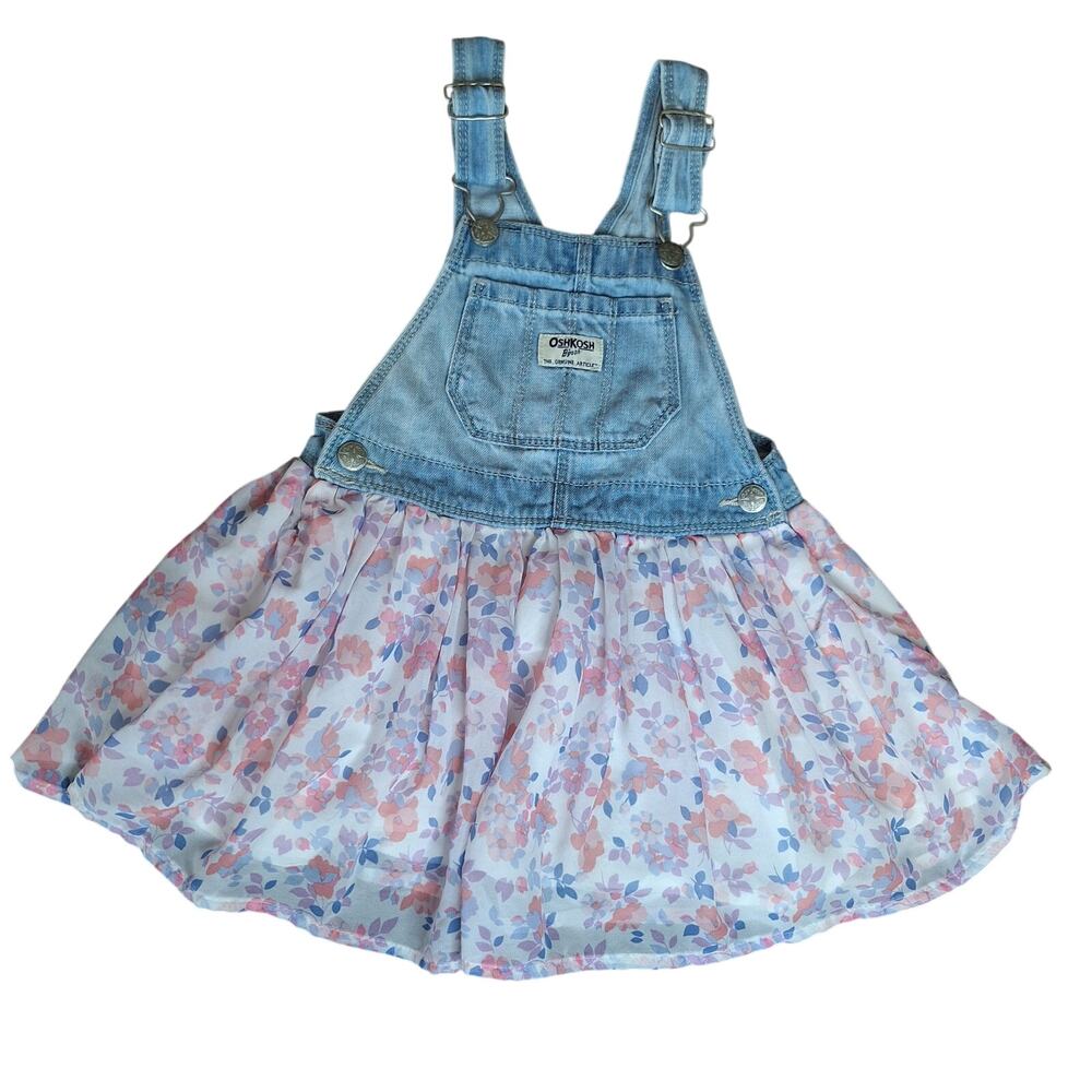 OshKosh B'gosh Toddler Girl 3T Denim Chiffon Floral Overall Dress Skirtall Pink